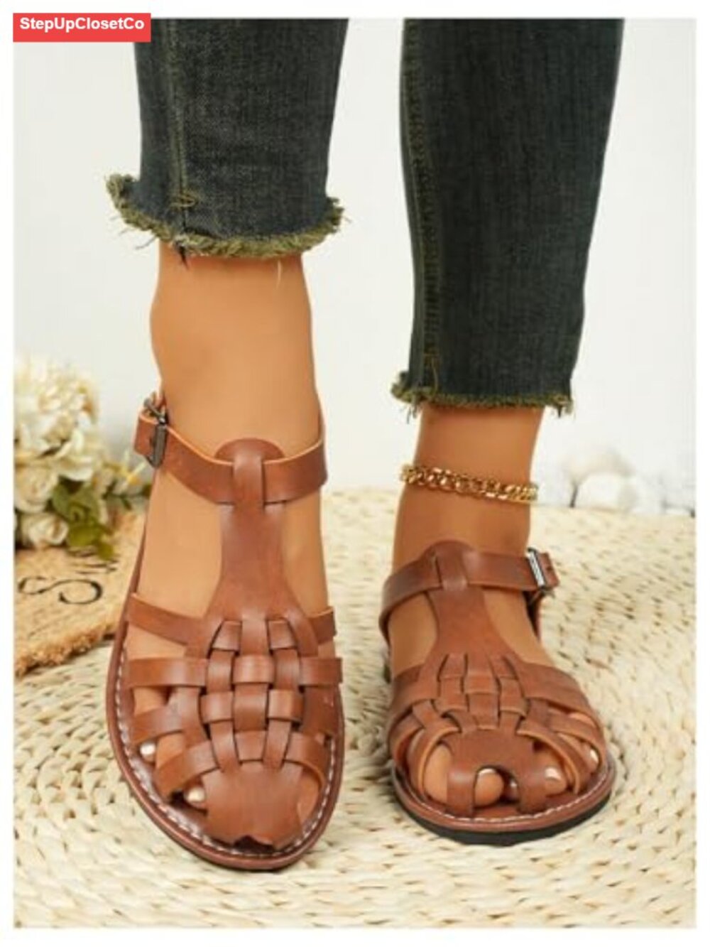 Closed Toe Flats Sandals Huaraches Faux Leather Fisherman Sandals - Picture 2 of 6